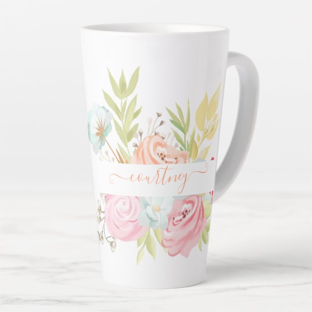 Orangefarbene und rosa Aquarellblumen personalisie Milchtasse (Rechte Ecke)