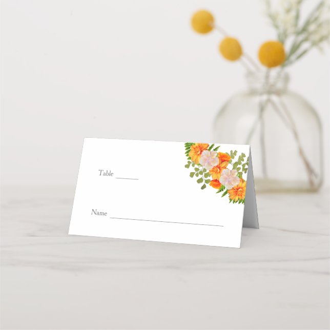 Orangefarbene und rosa Blumenzehen Platzkarte (Vorderseite)