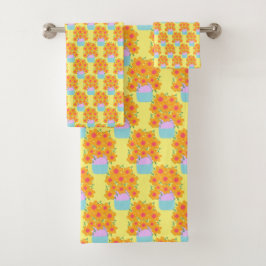 Orangefarbene und rosa Frühlingsblumen Badhandtuch Set