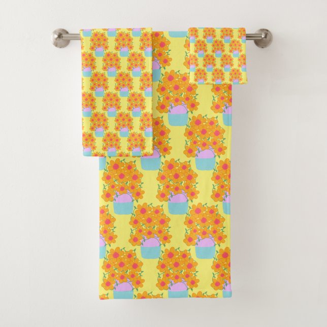 Orangefarbene und rosa Frühlingsblumen Badhandtuch Set (Insitu)