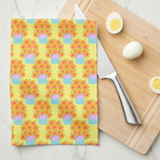 Orangefarbene und rosa Frühlingsblumen Geschirrtuch (Viertel Falte)