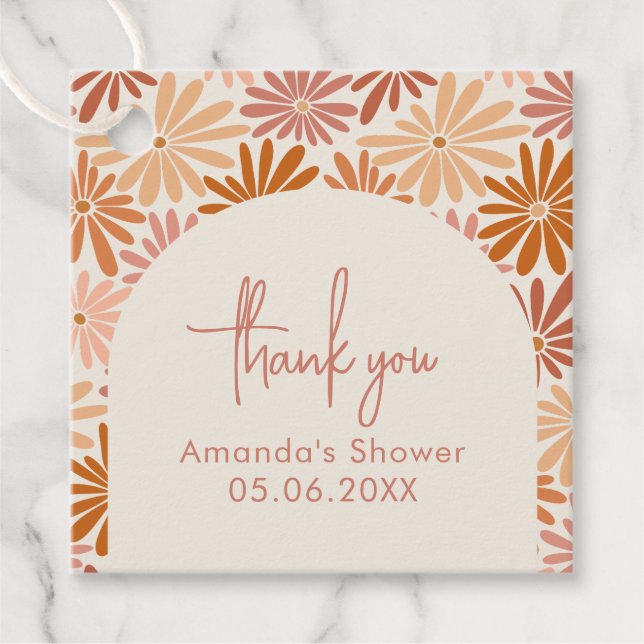 Orangefarbene und rosa Retro Blumenstrauß Kinderdu Geschenkanhänger (Vorderseite)