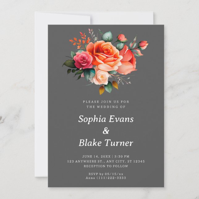 Orangefarbene und rosa Rosen Hochzeit mit grauer F Einladung (Vorderseite)