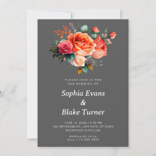 Orangefarbene und rosa Rosen Hochzeit mit grauer F Einladung