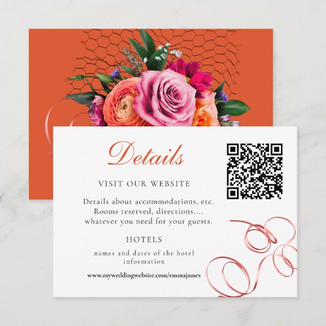 Orangefarbene und rosa Rosendetails RSVP Karte (Vorne/Hinten)