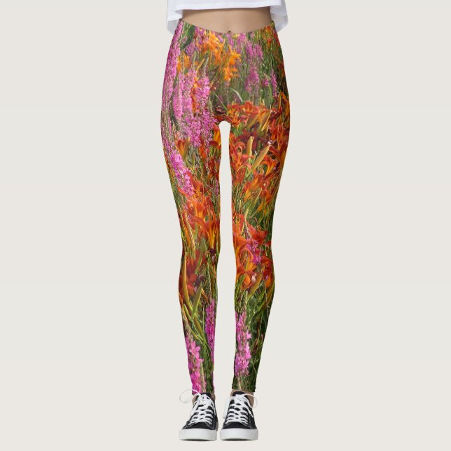 Orangefarbene und rosa Sommer-Blume Leggings (Vorderseite)