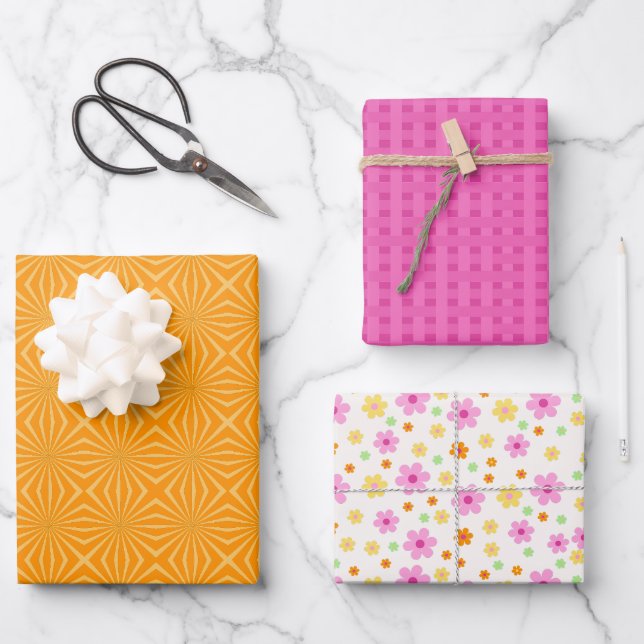 Orangefarbene und rosafarbene Streifen farbenfroh  Geschenkpapier Set (Vorderseite)