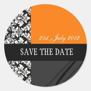 Orangefarbene und schwarze Damaskus-Hochzeitsklebe Runder Aufkleber