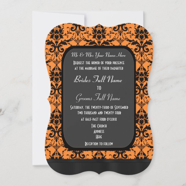 Orangefarbene und schwarze Damastenhochzeit Einladung (Vorderseite)