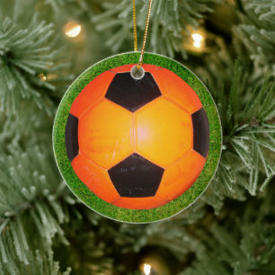 Orangefarbene und schwarze Fußball-Ball Keramik Ornament