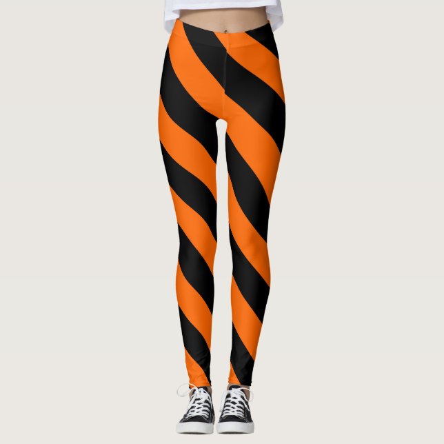 Orangefarbene und schwarze Halloween-Hexenstreifen Leggings (Vorderseite)