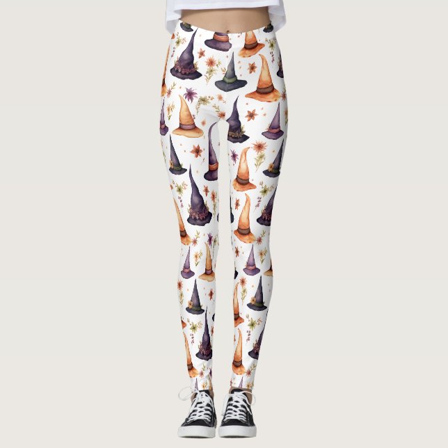 Orangefarbene und schwarze Hexen und Blumenmuster Leggings (Vorderseite)