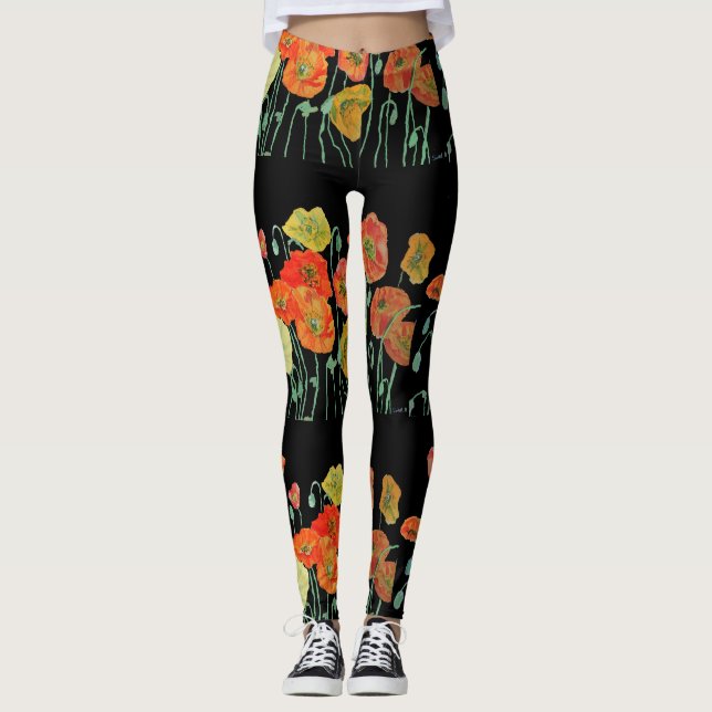Orangefarbene und schwarze Mohnblüte Leggings (Vorderseite)