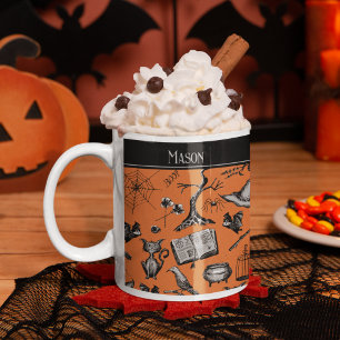 Orangefarbene und schwarze Spookie Halloween Kids Kaffeetasse