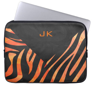 Orangefarbene und schwarze Zebra-Monogramm Laptopschutzhülle