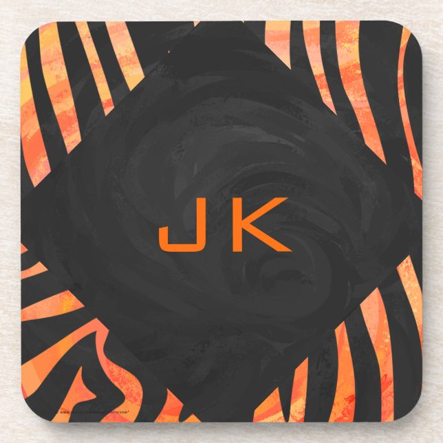Orangefarbene und schwarze Zebra-Monogramm Untersetzer (Vorderseite)