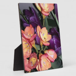 Orangefarbene und violette Blumen Fotoplatte