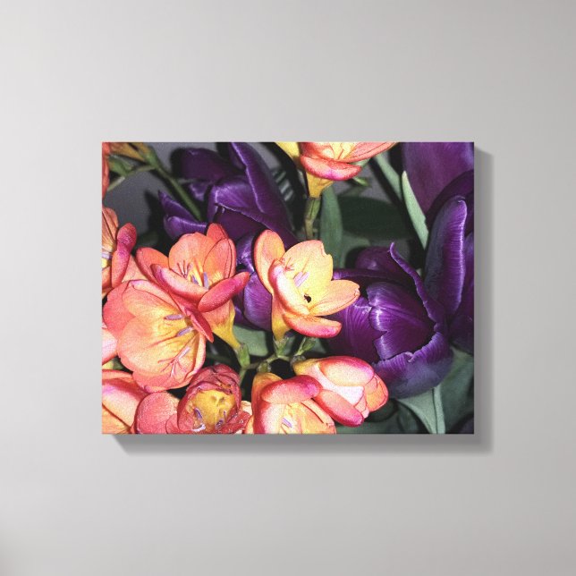 Orangefarbene und violette Blumen Leinwanddruck (Vorderseite)