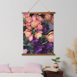 Orangefarbene und violette Blumen Wandteppich Mit Holzrahmen