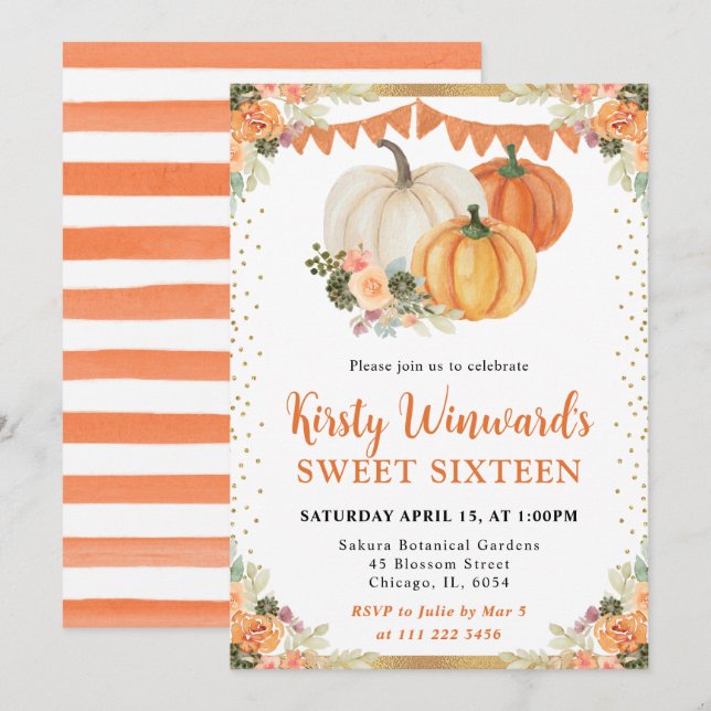 Orangefarbene und weiße Blumenpumpen fallen Süß 16 Einladung (Vorne/Hinten)