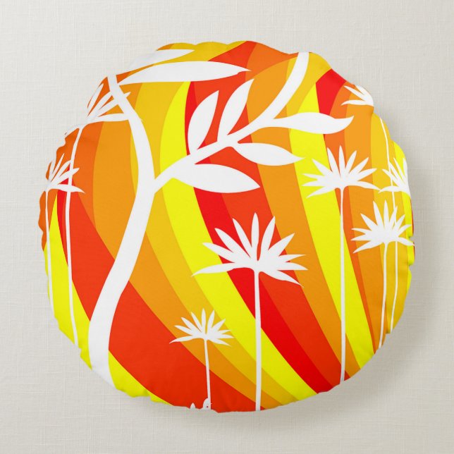 Orangefarbene und weiße botanische Illustration Rundes Kissen (Vorderseite)