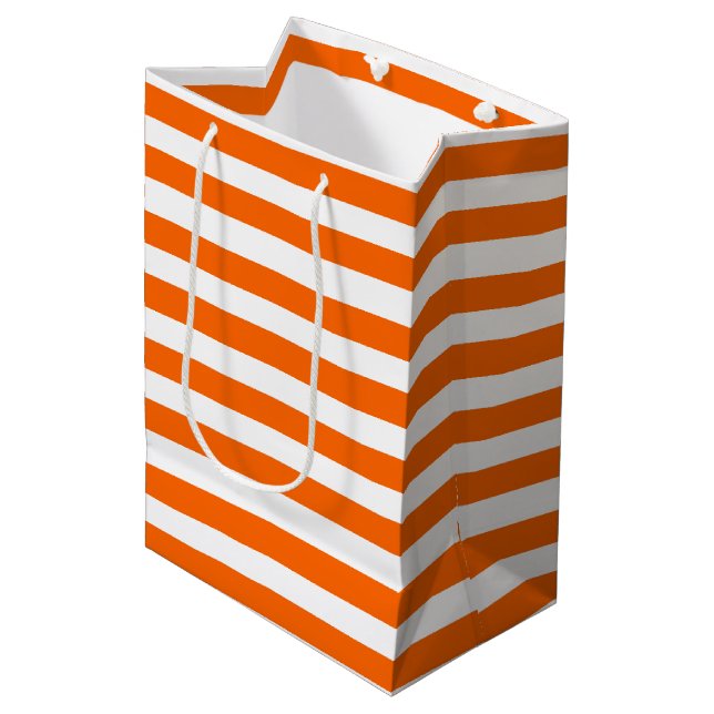 Orangefarbene und weiße Streifen Mittlere Geschenktüte (Vorderseite Schrägansicht)