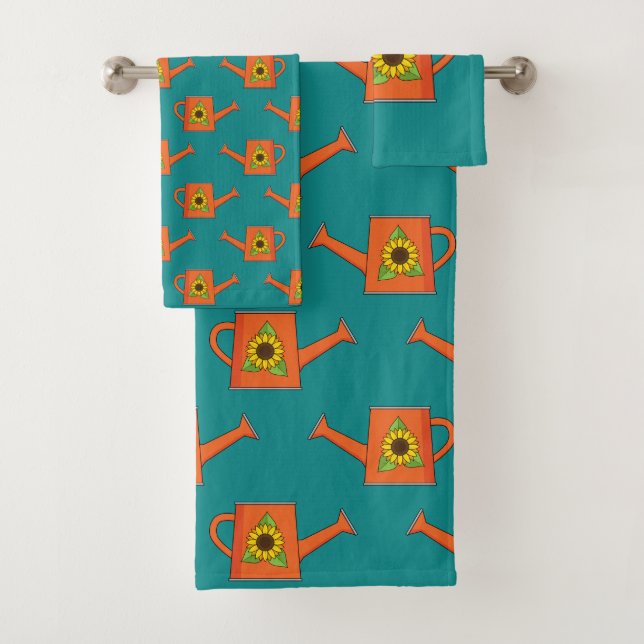 Orangefarbene Wasserdose mit Sonnenblumen Badhandtuch Set (Insitu)