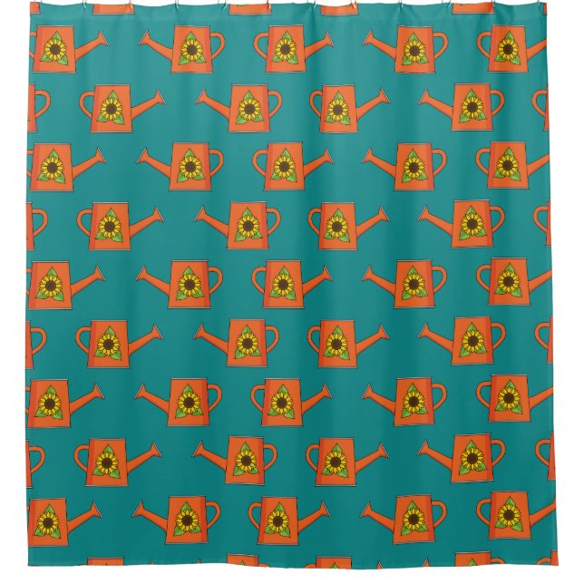 Orangefarbene Wasserdose mit Sonnenblumen Duschvorhang (Vorderseite)