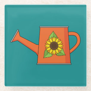 Orangefarbene Wasserdose mit Sonnenblumen Glasuntersetzer
