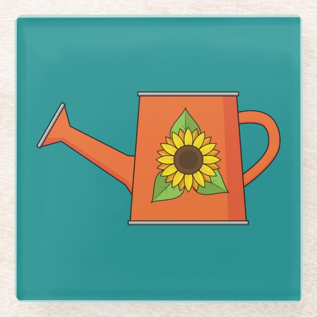 Orangefarbene Wasserdose mit Sonnenblumen Glasuntersetzer (Vorderseite)