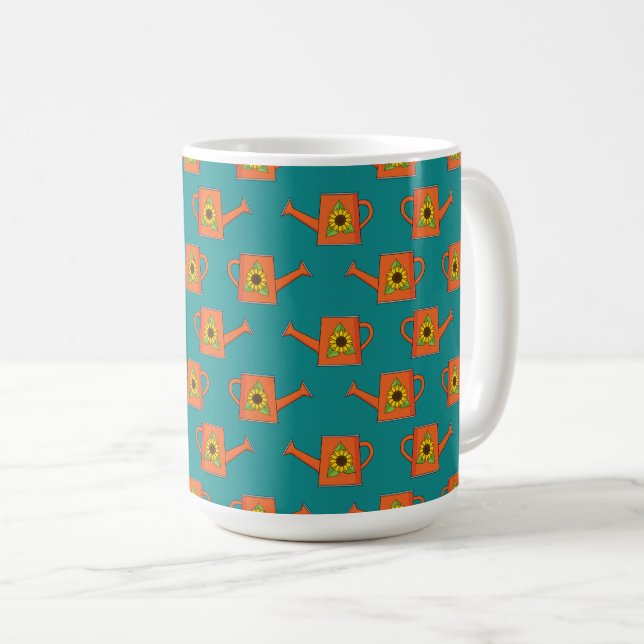 Orangefarbene Wasserdose mit Sonnenblumen Kaffeetasse (VorderseiteRechts)