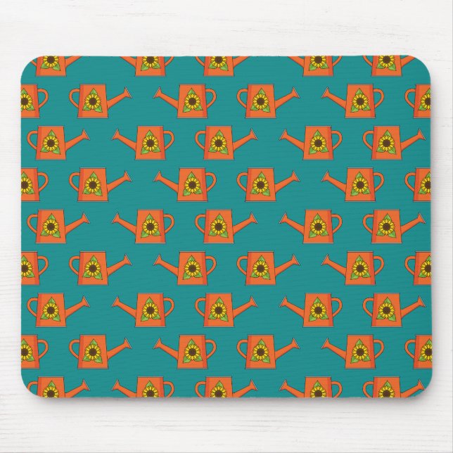 Orangefarbene Wasserdose mit Sonnenblumen Mousepad (Vorne)
