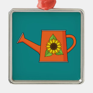 Orangefarbene Wasserdose mit Sonnenblumen Ornament Aus Metall