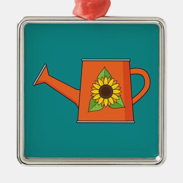 Orangefarbene Wasserdose mit Sonnenblumen Ornament Aus Metall (Vorne)