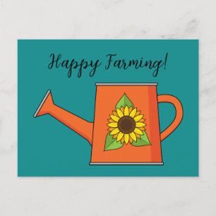 Orangefarbene Wasserdose mit Sonnenblumen   Text h Feiertagspostkarte