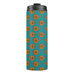 Orangefarbene Wasserdose mit Sonnenblumen Thermosbecher