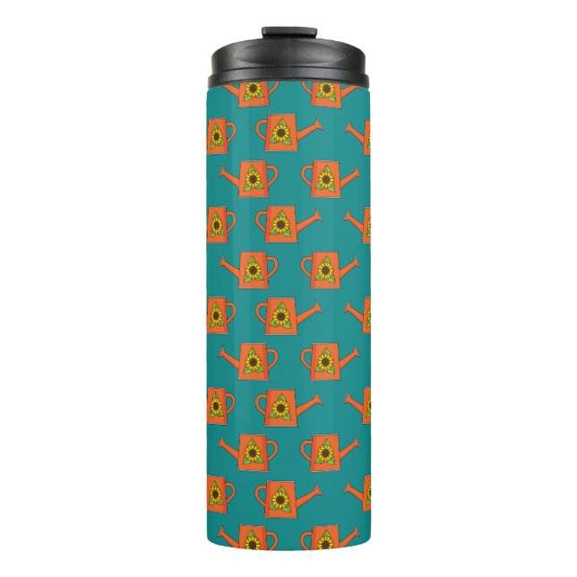 Orangefarbene Wasserdose mit Sonnenblumen Thermosbecher (Vorderseite)