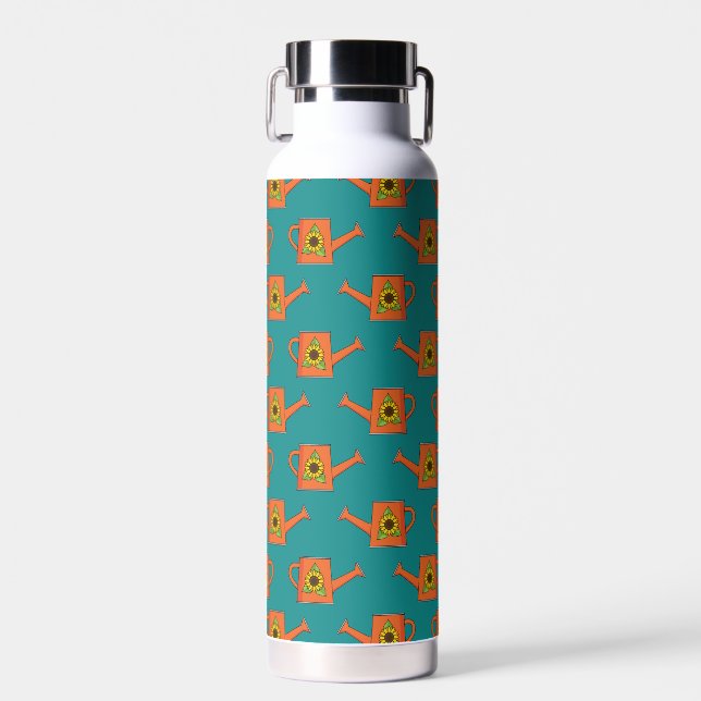 Orangefarbene Wasserdose mit Sonnenblumen Trinkflasche (Vorne)