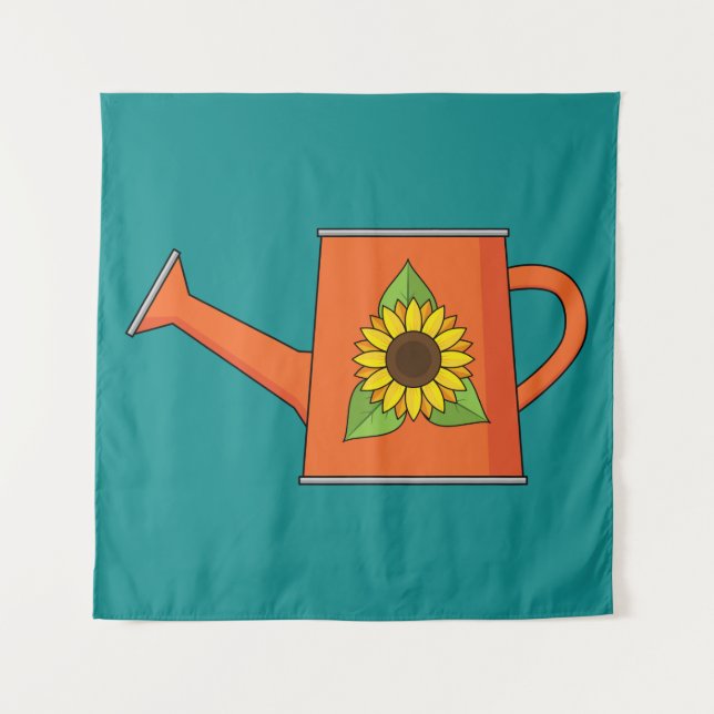 Orangefarbene Wasserdose mit Sonnenblumen Wandteppich (Vorderseite)