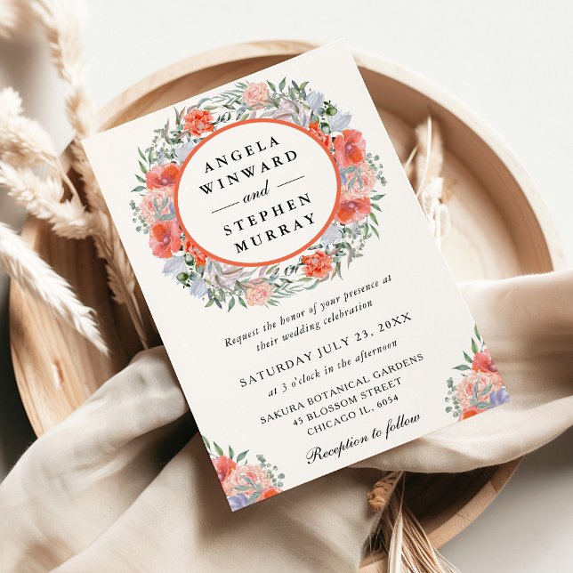 Orangefarbene Wasserfarben und Lila Kränzensehen Einladung (Von Creator hochgeladen)