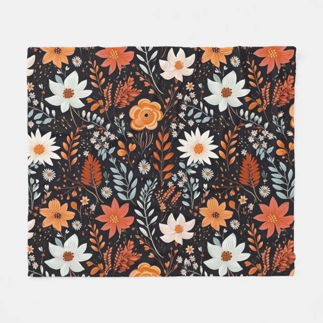 Orangefarbene weiße Blume Schwarz Fleecedecke (Vorderseite (Horizontal))