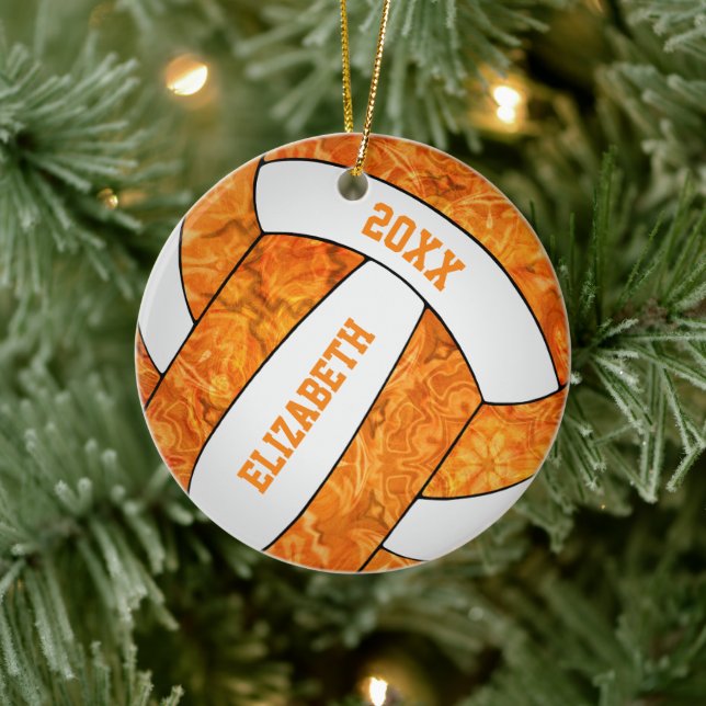 orangefarbene, weiße Volleyballmannschaft mädchenh Keramik Ornament (Baum)