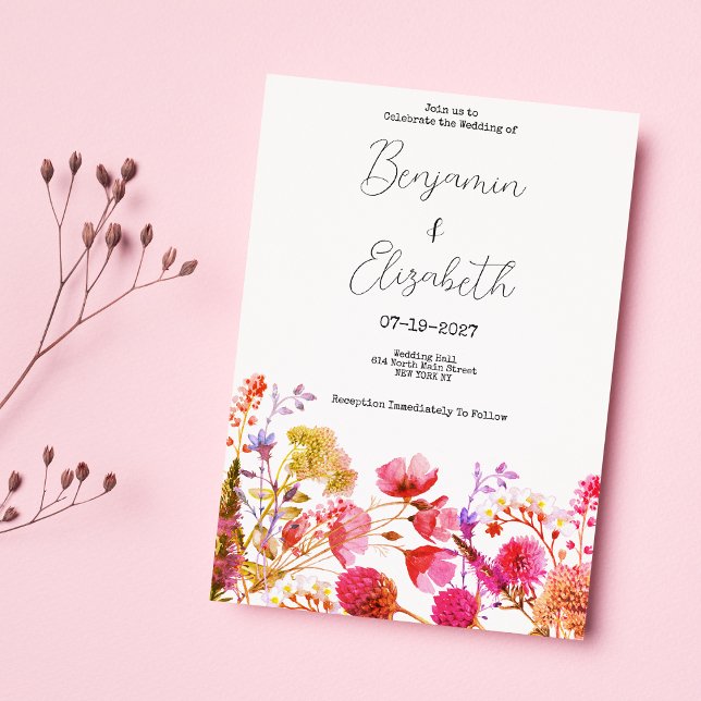 Orangefarbene Wildblume Sommerhochzeit Einladung (Orange pink yellow wildflower summer Wedding)