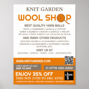 Orangefarbene Wollhandlogos, Knitterladen, Garnspe Poster