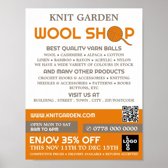 Orangefarbene Wollhandlogos, Knitterladen, Garnspe Poster (Vorne)