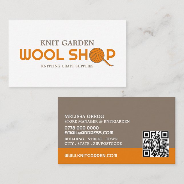Orangefarbene Wollhandlogos, Knitterladen, Garnspe Visitenkarte (Vorne/Hinten)