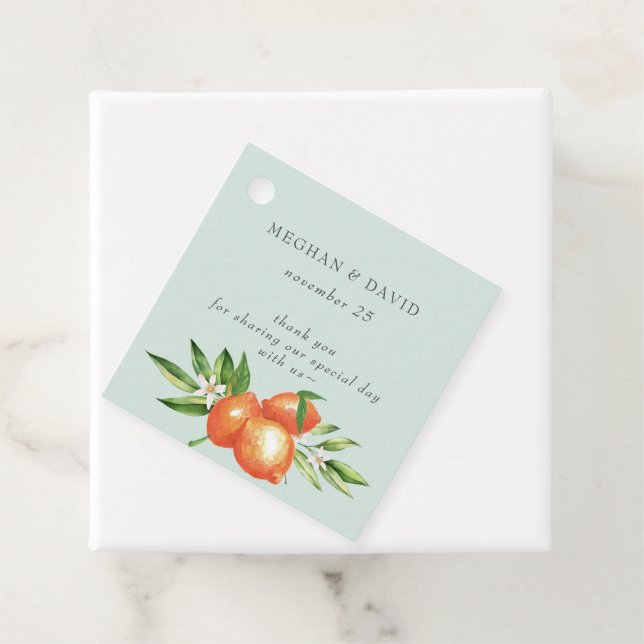 Orangefarbene Zitrusfrüchte Botanische Hochzeit Geschenkanhänger (Beispiel)