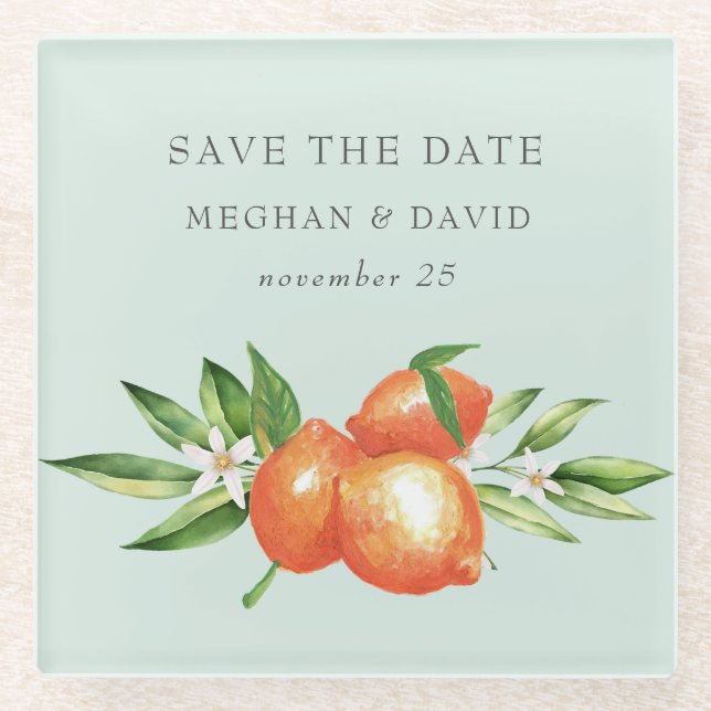 Orangefarbene Zitrusfrüchte Botanische Hochzeit Glasuntersetzer (Vorderseite)