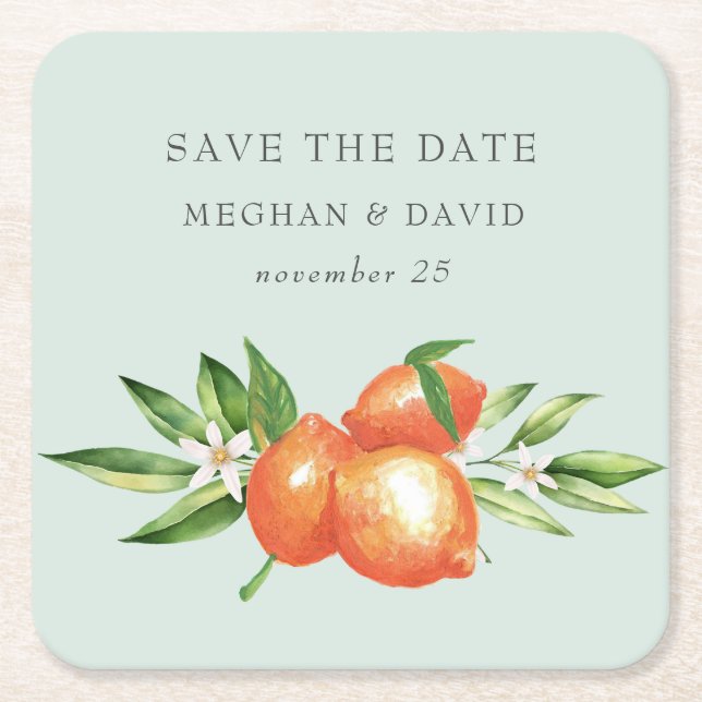 Orangefarbene Zitrusfrüchte Botanische Hochzeit Rechteckiger Pappuntersetzer (Vorderseite)