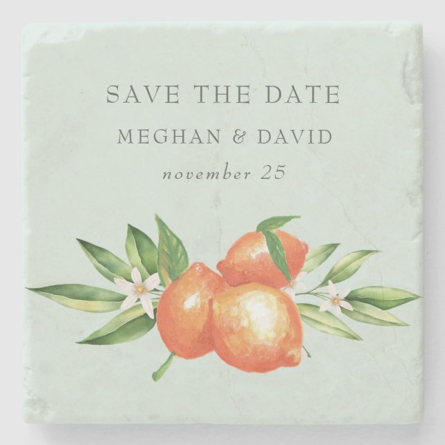 Orangefarbene Zitrusfrüchte Botanische Hochzeit Steinuntersetzer (Vorderseite)